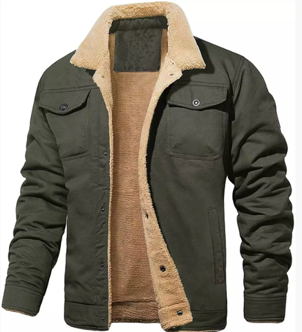 Durable men's shearling collar jacket. Provides lasting warmth and classic style in winter outerwear.