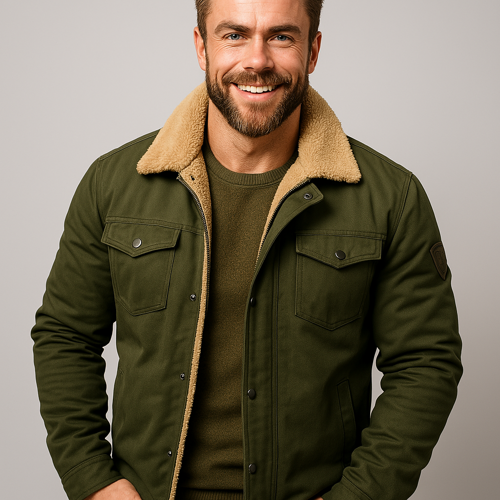 Cozy men's shearling collar jacket. Luxurious, warm winter outerwear for a classic, stylish look.