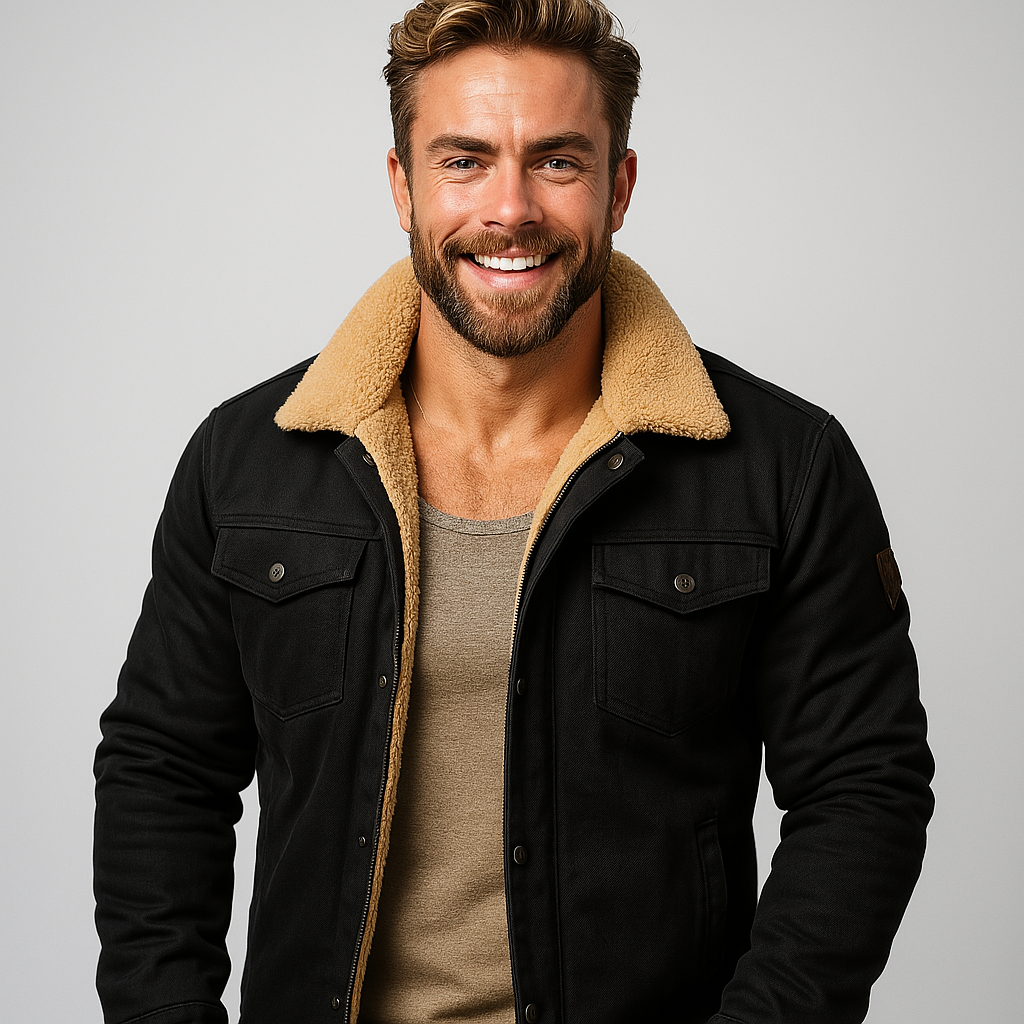 Versatile men's casual shearling collar jacket. Stylish, warm winter outerwear perfect for everyday wear.