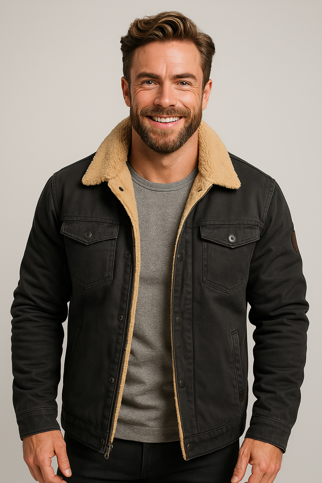 Warm men's shearling collar jacket. Cozy, classic winter outerwear designed for ultimate comfort and style.