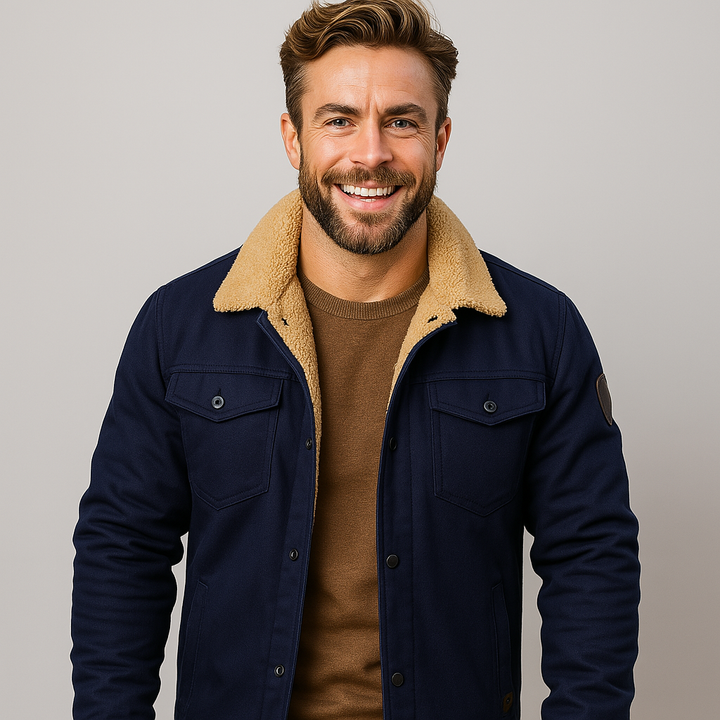 Men's stylish shearling collar jacket. Excellent warm winter outerwear for protection against the cold.