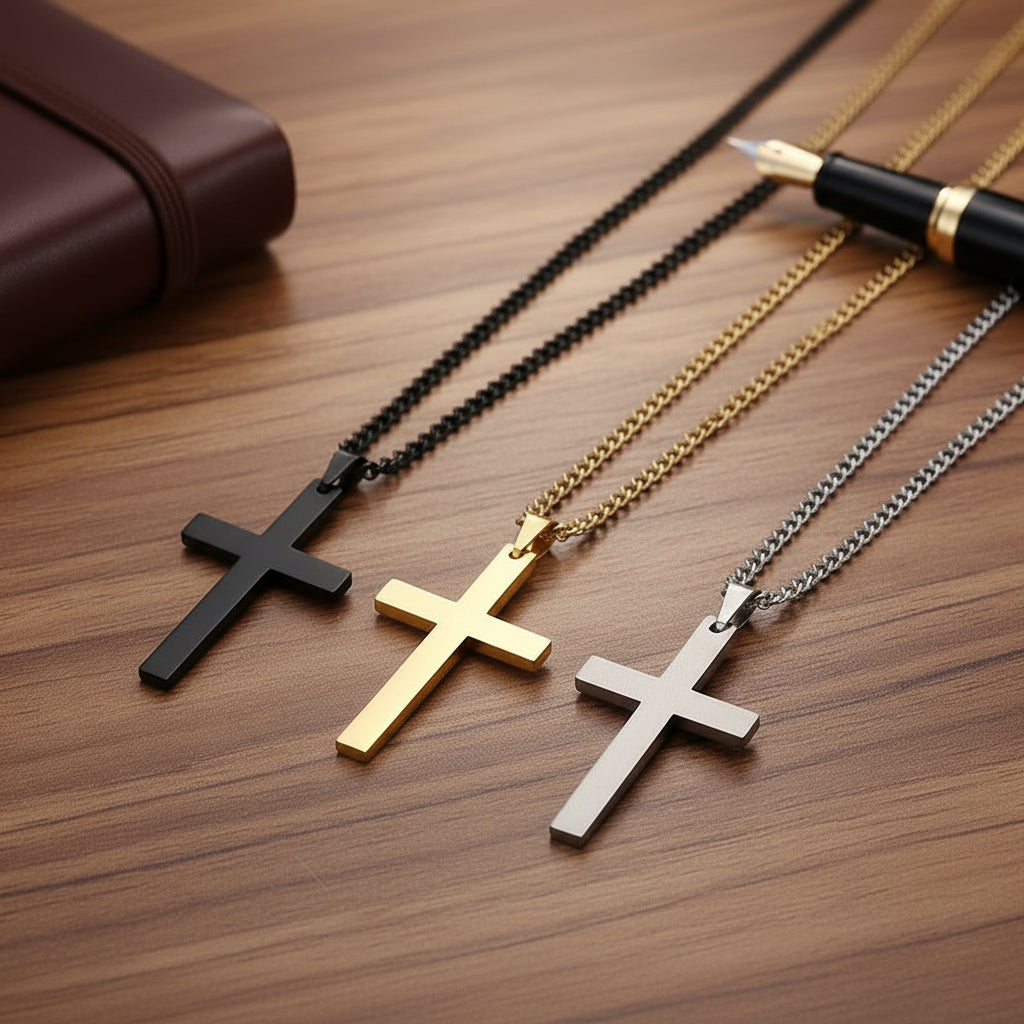Men's classic silver cross pendant necklace, versatile religious jewelry for everyday wear.