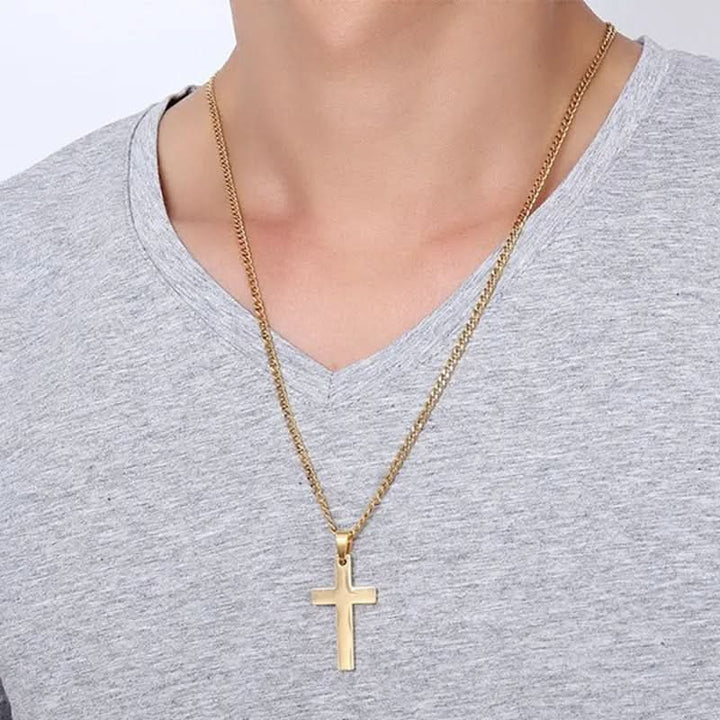 Sleek silver cross pendant, a contemporary men's religious jewelry piece for daily wear.