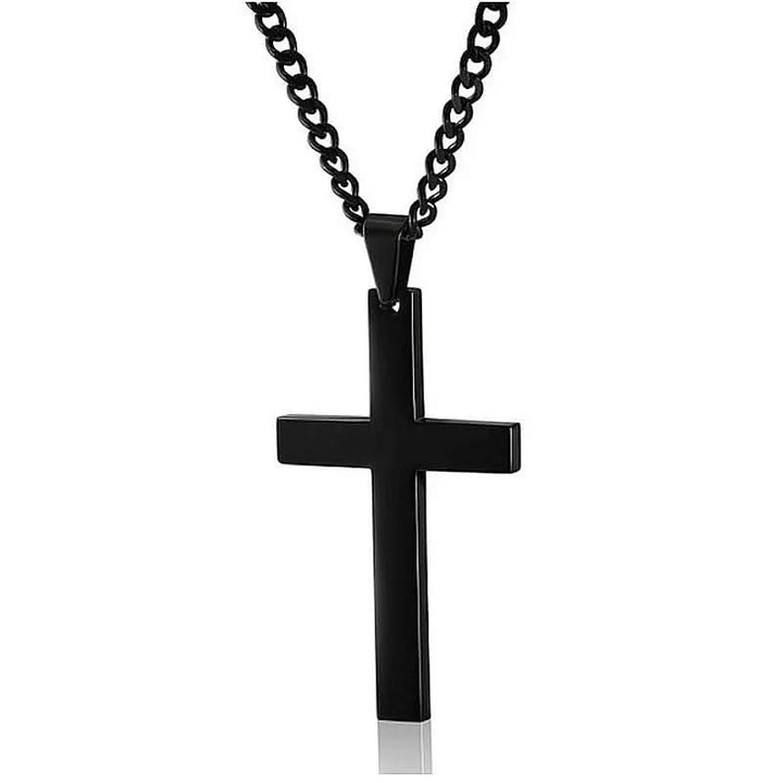 Black cross pendant men's necklace, bold and spiritual, an essential accessory for men's fashion.
