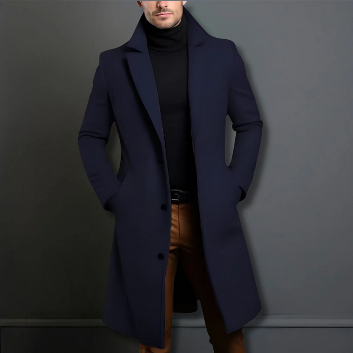 Tailored men's formal overcoat, classic single-breasted style, exuding elegance for business casual & professional wear.