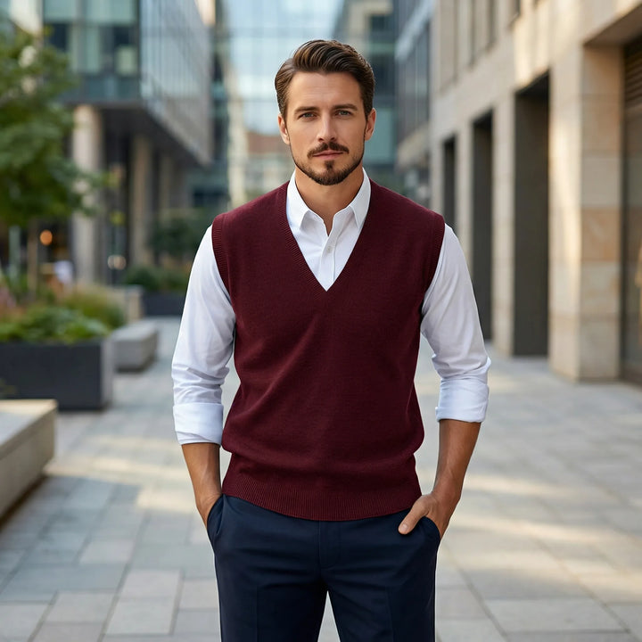 Men's classic sleeveless V-neck vest, a versatile layering piece for stylish casual & semi-formal looks.