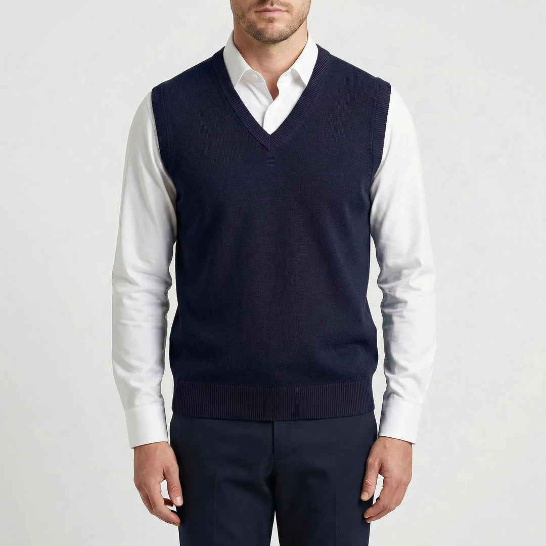 Versatile men's sleeveless V-neck vest, great for smart casual wear & semi-formal layering outfits.