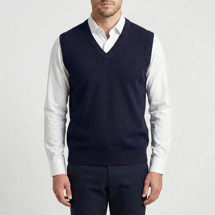 Versatile men's sleeveless V-neck vest, great for smart casual wear & semi-formal layering outfits.