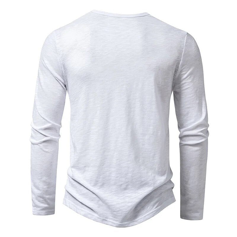 Modern casual men's long sleeve Henley shirt, slim fit design, combining classic style with comfort.
