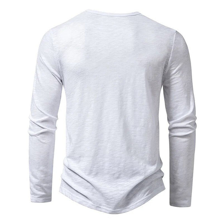 Modern casual men's long sleeve Henley shirt, slim fit design, combining classic style with comfort.