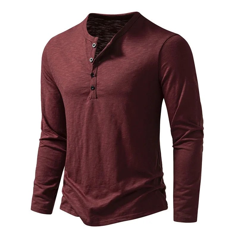 Refined men's classic slim fit long sleeve Henley shirt, a comfortable, versatile everyday wardrobe staple.