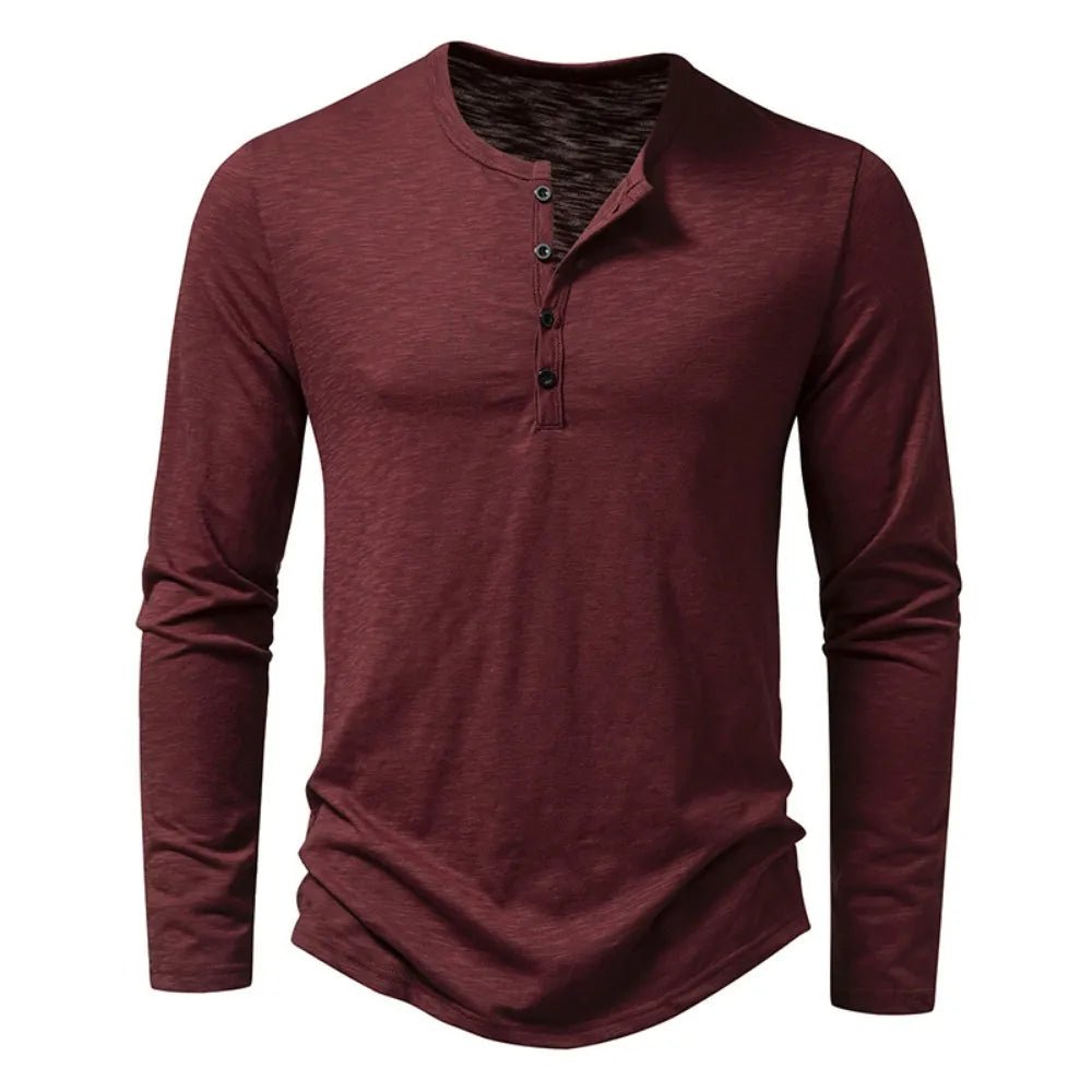 Front view of men's classic slim fit long sleeve Henley shirt, displaying the button placket detail.