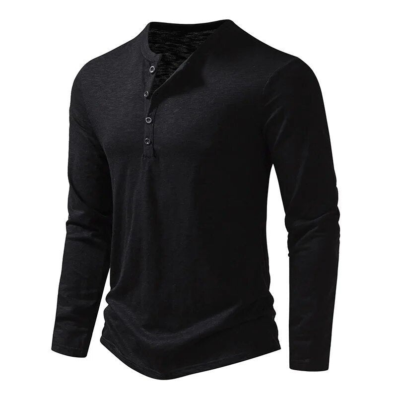 Man wearing a slim fit long sleeve Henley shirt, side view, showcasing comfortable casual everyday style.