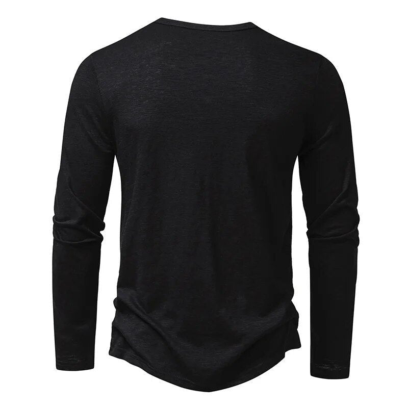 Back view of a men's classic slim fit long sleeve Henley shirt, highlighting the sleek, comfortable fit.