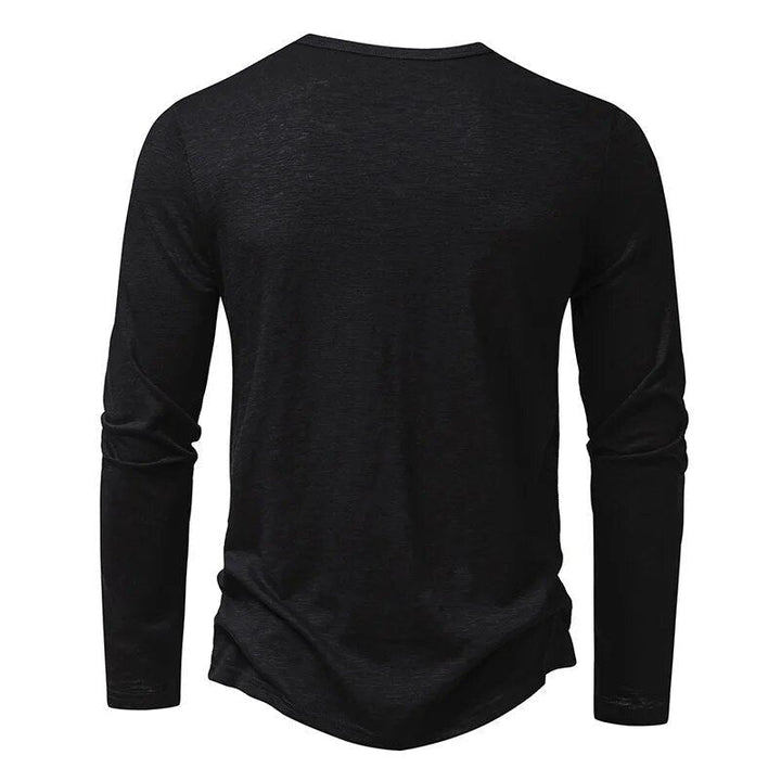 Back view of a men's classic slim fit long sleeve Henley shirt, highlighting the sleek, comfortable fit.