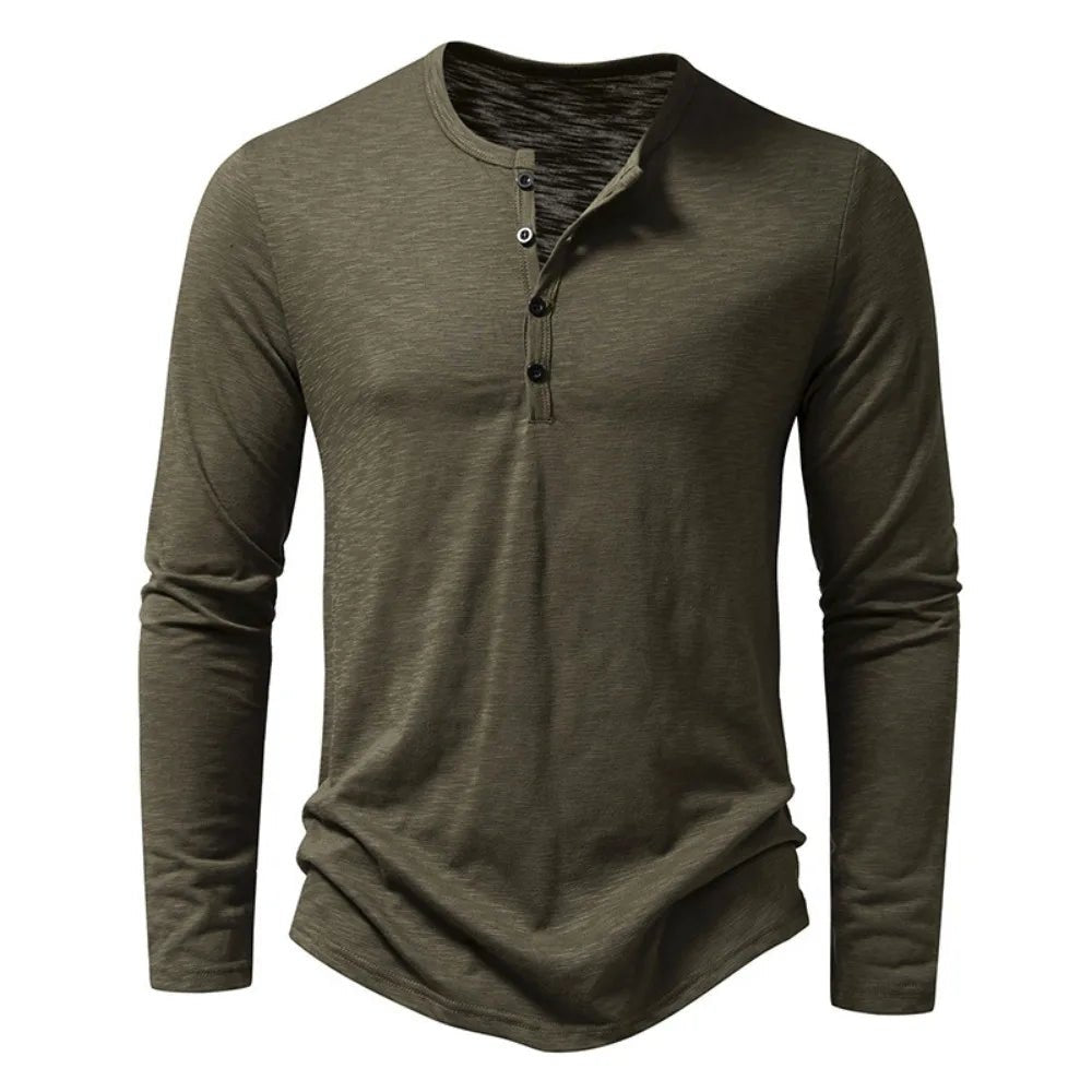 Versatile men's long sleeve Henley, slim fit design for casual outings, layering & everyday comfort.