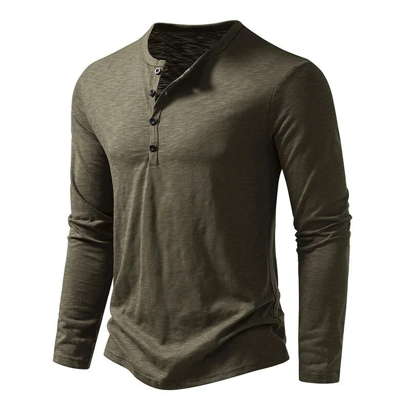 Stylish men's slim fit Henley shirt with classic button placket & long sleeves, a wardrobe essential.