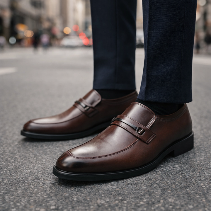 Elegant black men's slip-on loafers, versatile for formal or everyday comfortable wear. Classic men's footwear.
