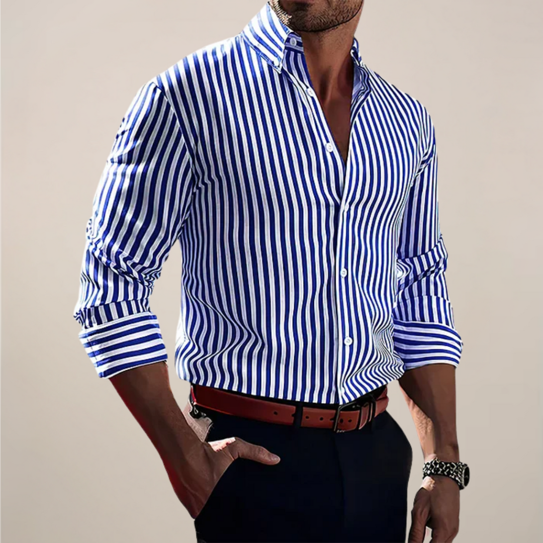 Men's classic striped long sleeve button-up shirt for smart casual or business casual wear.