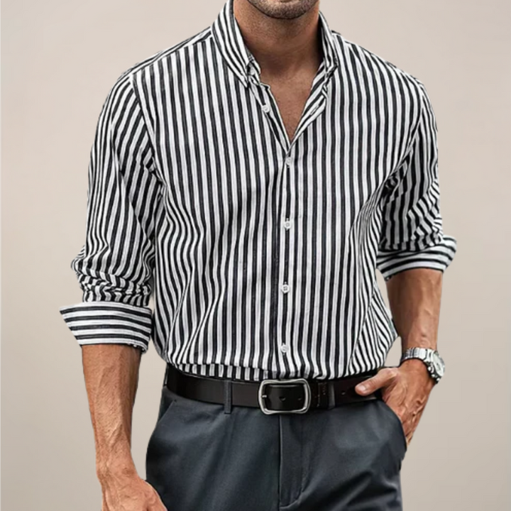 Striped men's long sleeve button-up shirt with collar, perfect for versatile everyday & smart casual style.