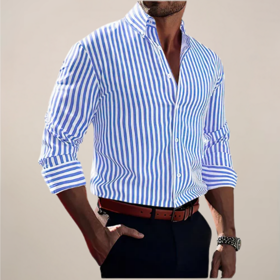 Men's long sleeve striped button-up shirt, a smart casual classic for business or everyday fashion.