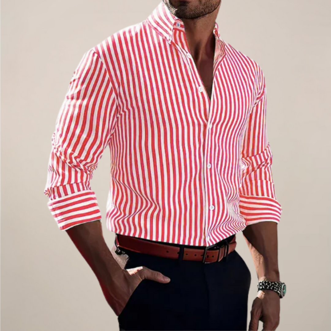 Stylish men's striped long sleeve button-up shirt, ideal for a classic smart casual look.