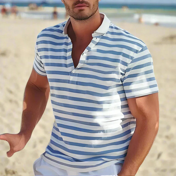 Men's classic striped short sleeve polo shirt, perfect for casual summer wear. Comfortable and stylish everyday top.