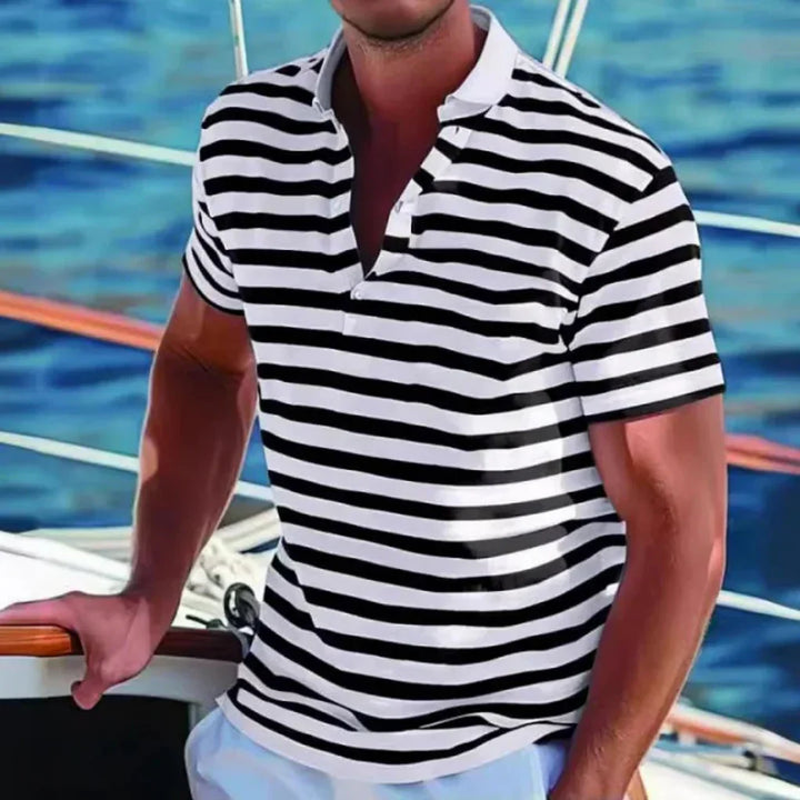 Effortless men's striped polo, short sleeve, versatile for casual wear. A comfortable, classic summer shirt.