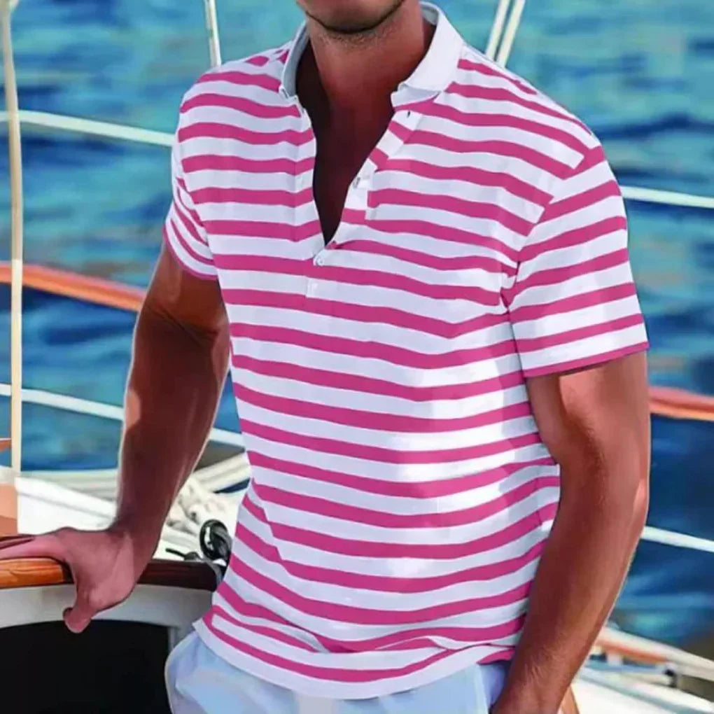 Men's Effortless Striped Short Sleeve Polo Shirt. Comfortable, classic men's summer top for everyday wear.
