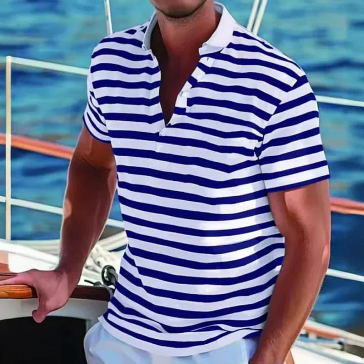 Stylish men's short sleeve polo with classic stripes. A comfortable and versatile summer top for casual outfits.