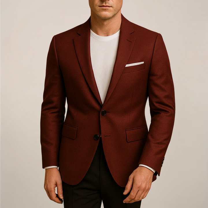 Men's classic tailored blazer in sophisticated red, perfect for formal events, business attire, or smart casual wear.