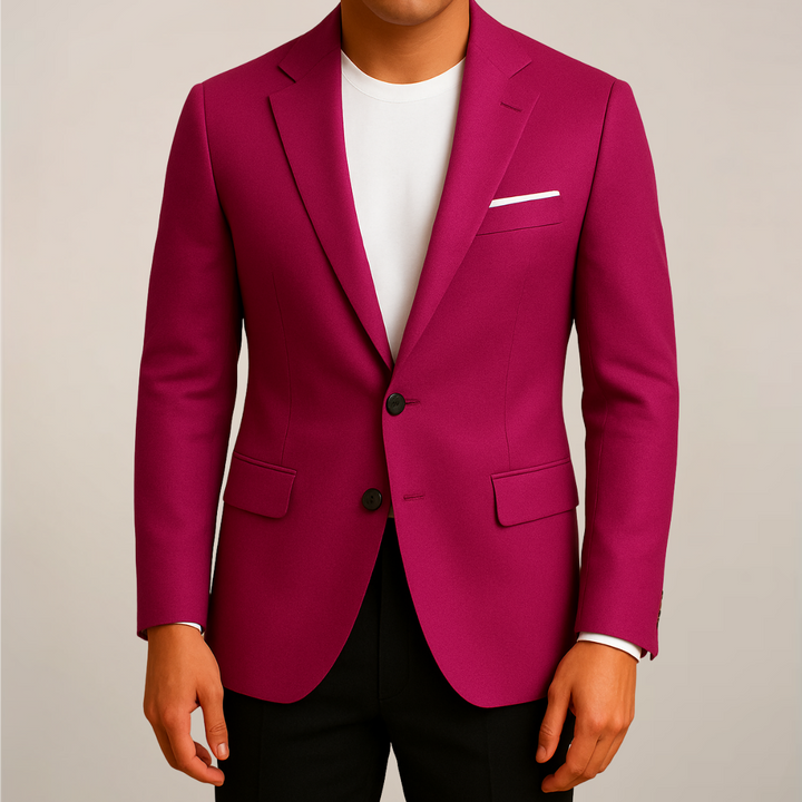 Versatile men's dark pink tailored blazer, ideal for smart casual outfits, evening wear, or modern business attire.