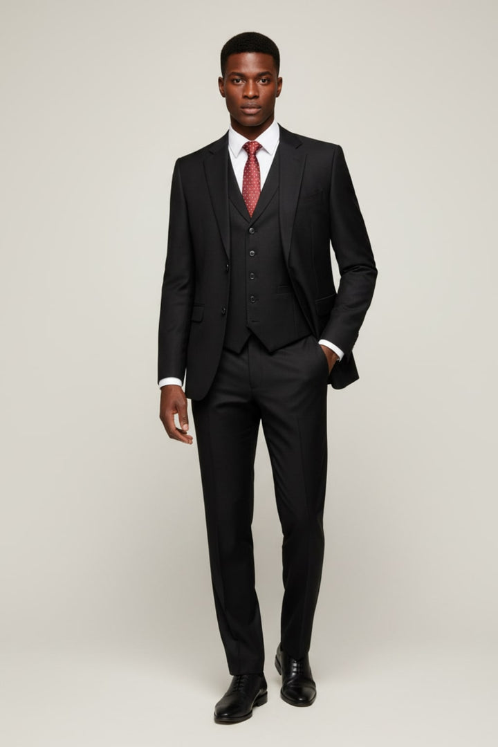 Men's classic tailored three-piece suit, perfect for formal events & weddings. Elegant, slim fit design in black.
