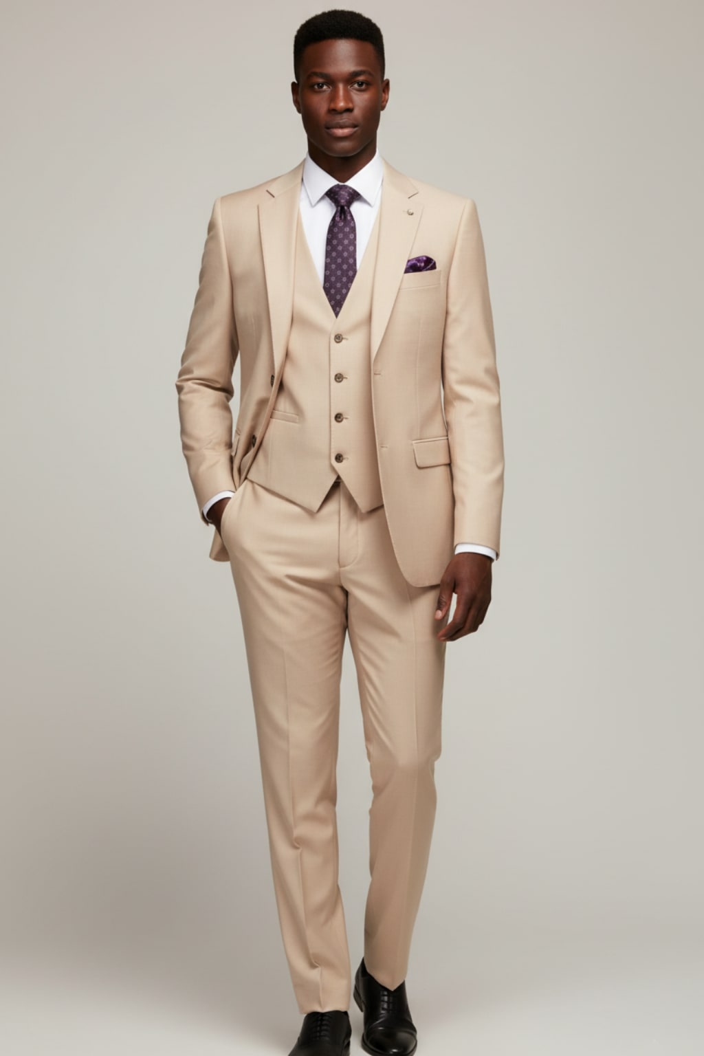 Tailored gray men's three-piece suit for business meetings or formal gala events. Elegant, classic professional attire.