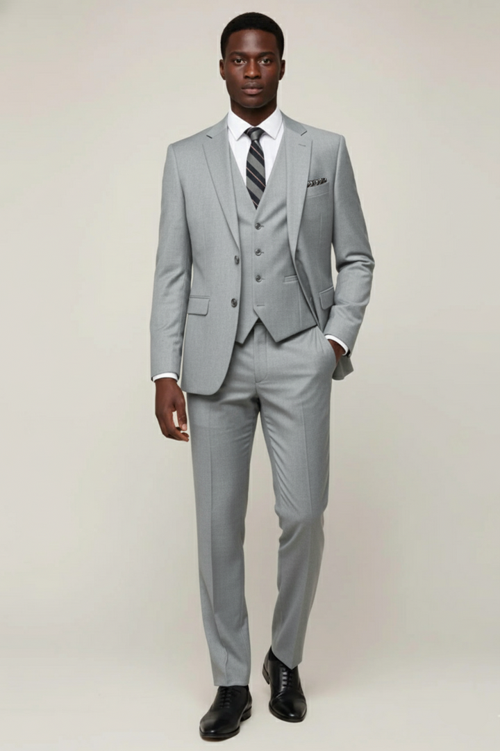 Elegant beige men's classic three-piece suit, tailored for a sharp, sophisticated look. Ideal formal wear for men's fashion.