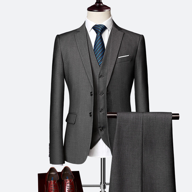 Stylish men's black three-piece suit, ideal formal wear for weddings, galas, and special occasions.