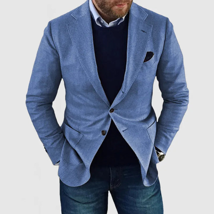Men's classic two-button blazer, a versatile tailored jacket perfect for smart casual or formal event attire.