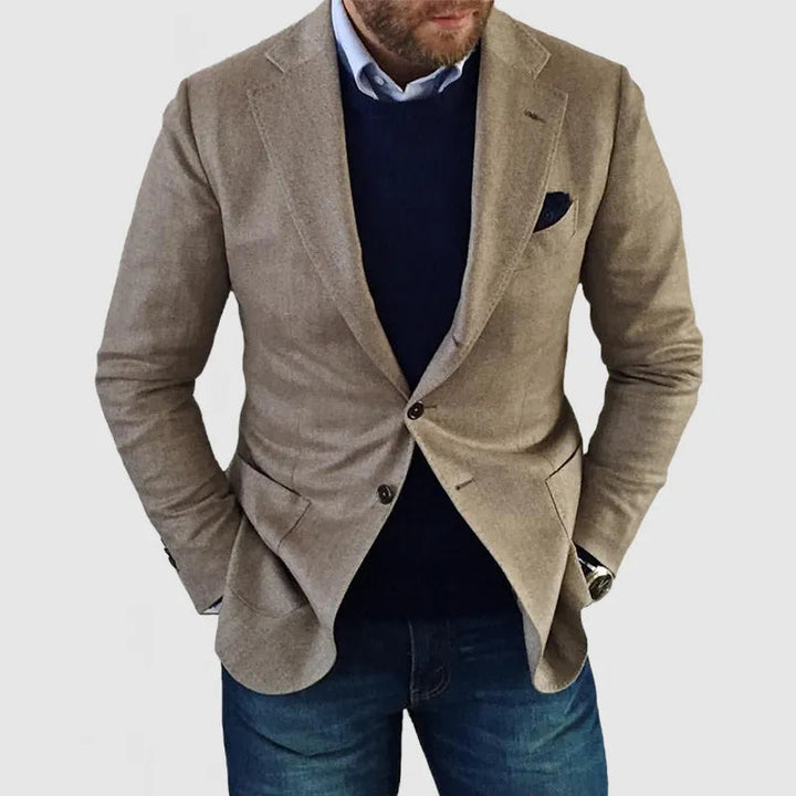 Sophisticated men's two-button blazer, a tailored jacket ideal for office wear, business meetings, or formal events.