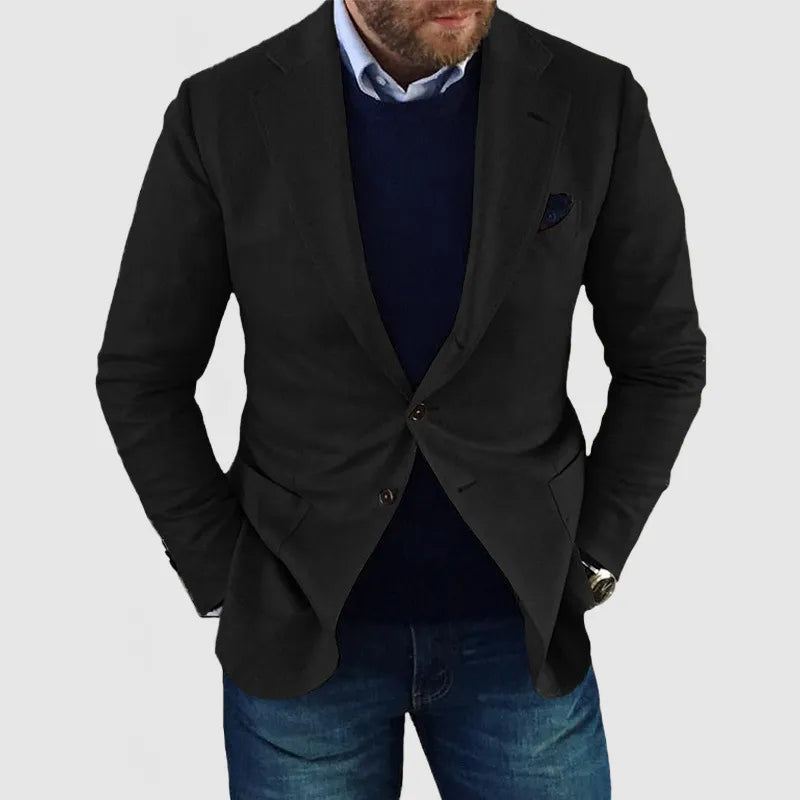 Versatile men's classic two-button blazer for smart casual looks or sophisticated formal wear. Tailored for comfort.