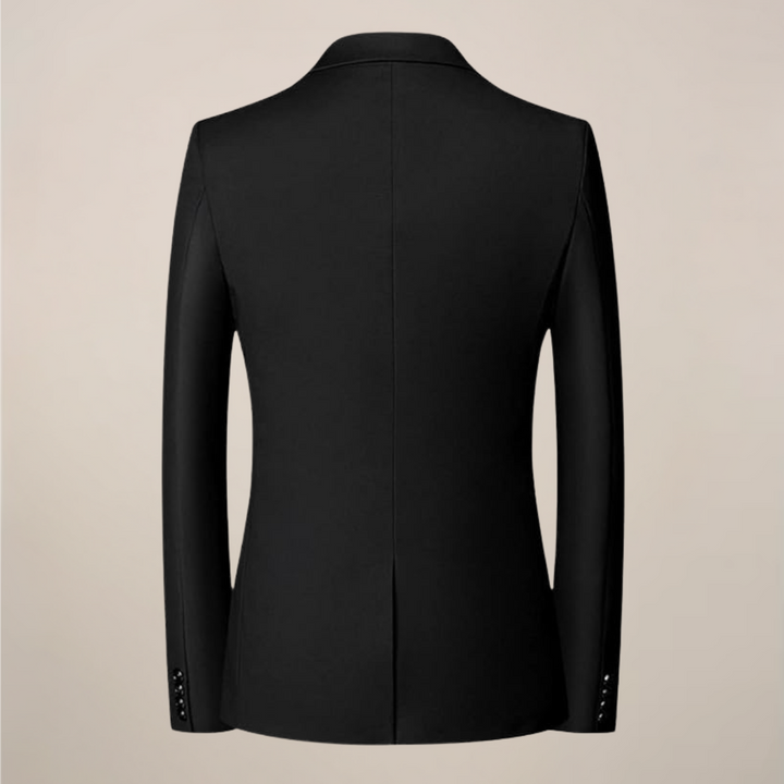 Elegant men's black two-button blazer. Perfect smart-casual suit jacket for business meetings or special occasions.