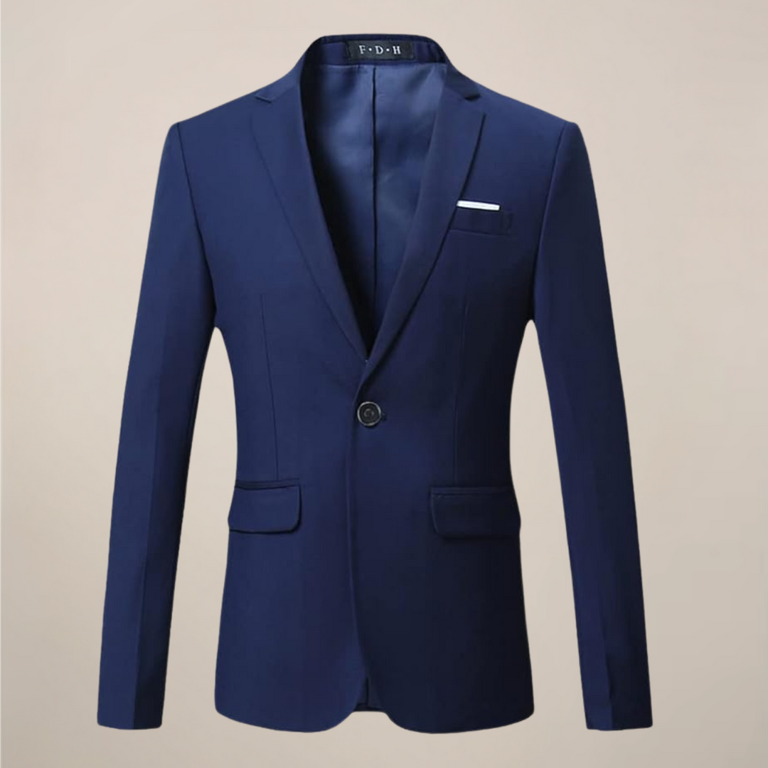 Stylish men's dark blue two-button blazer, a versatile tailored jacket for formal, business, or smart-casual wear.