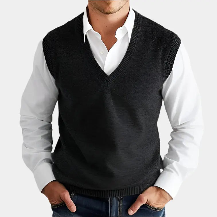 Men's classic V-neck knit vest in a versatile style for layered comfort. All-season menswear.