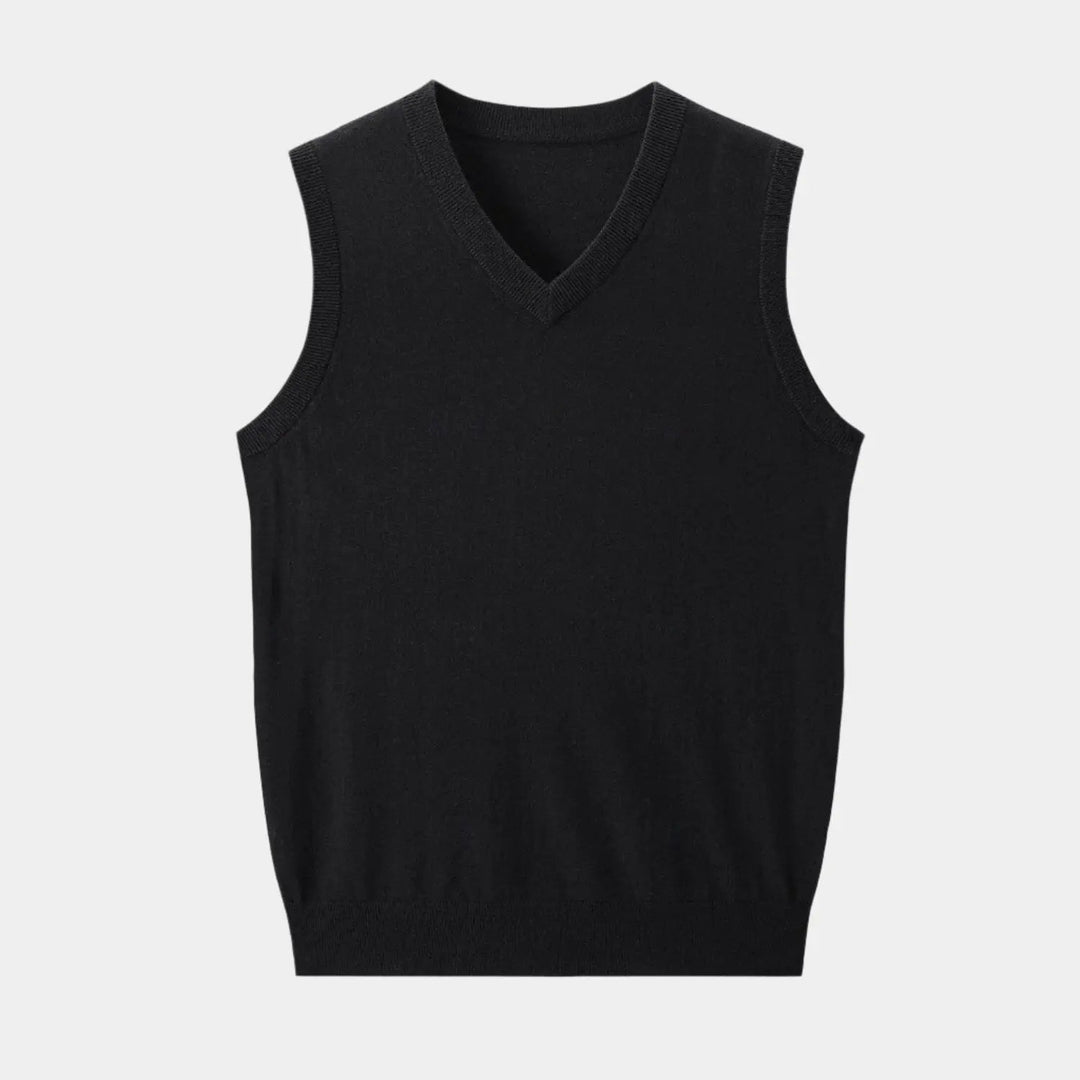 Stylish blue men's V-neck knit vest, ideal for both casual and formal layering apparel. Comfortable menswear.