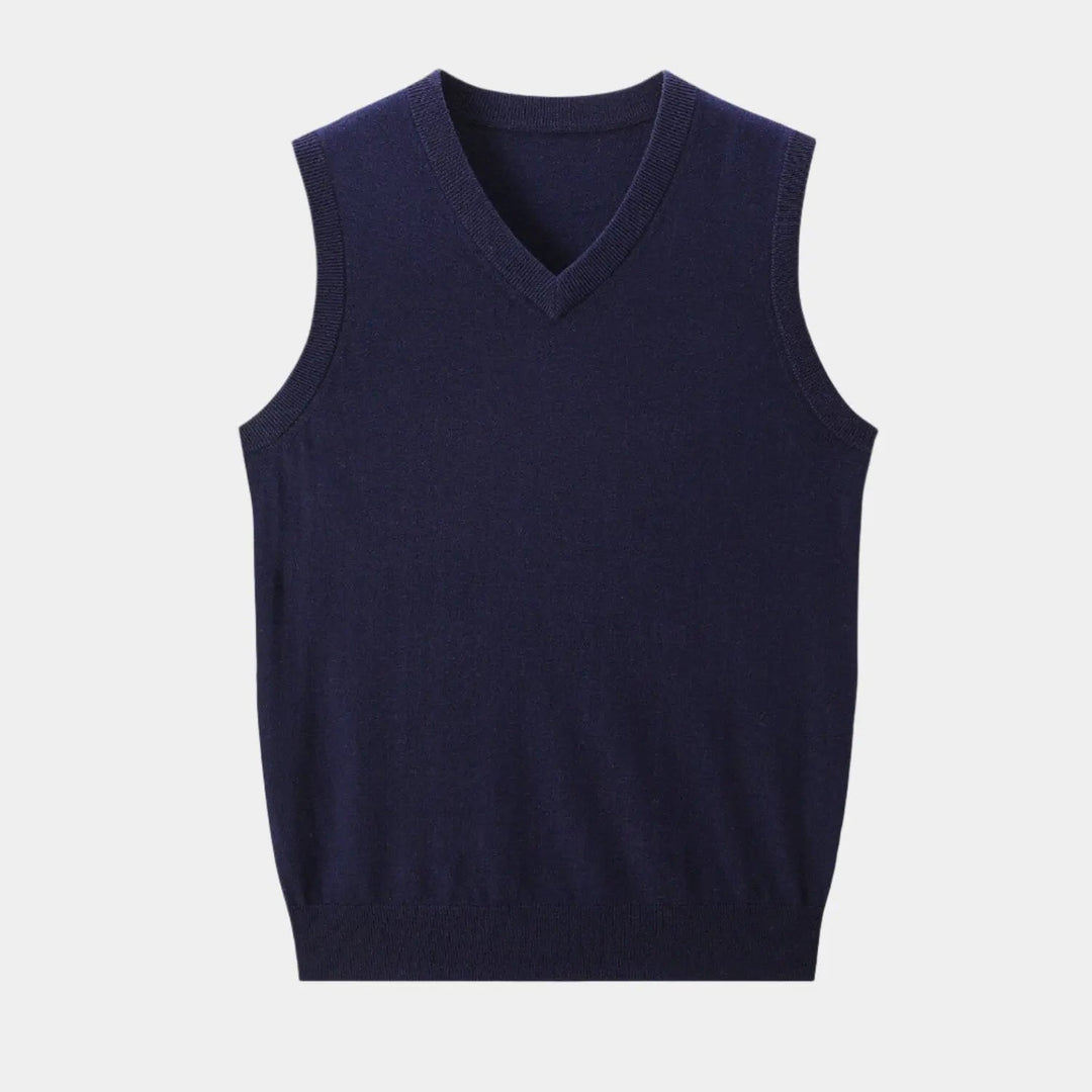 Gray men's V-neck knit vest, a comfortable and smart all-season menswear layering piece for men.