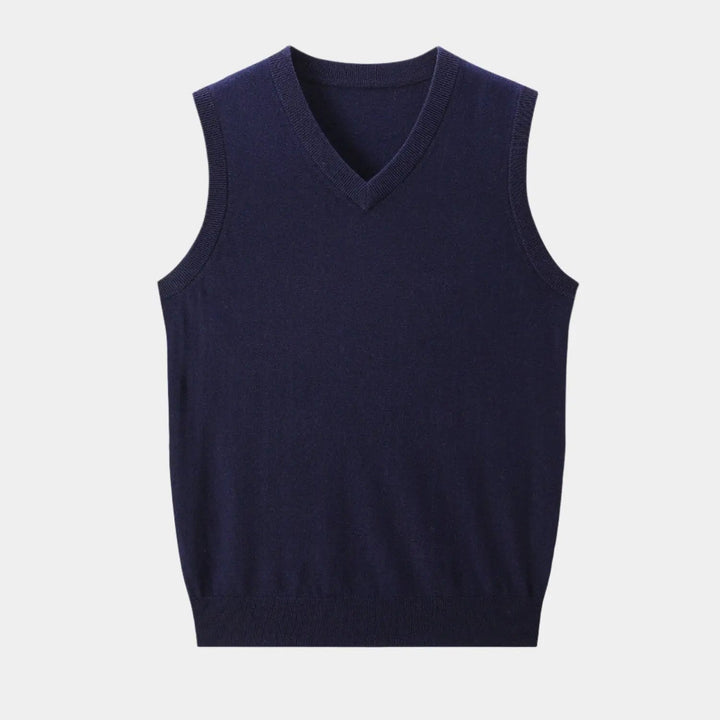 Gray men's V-neck knit vest, a comfortable and smart all-season menswear layering piece for men.