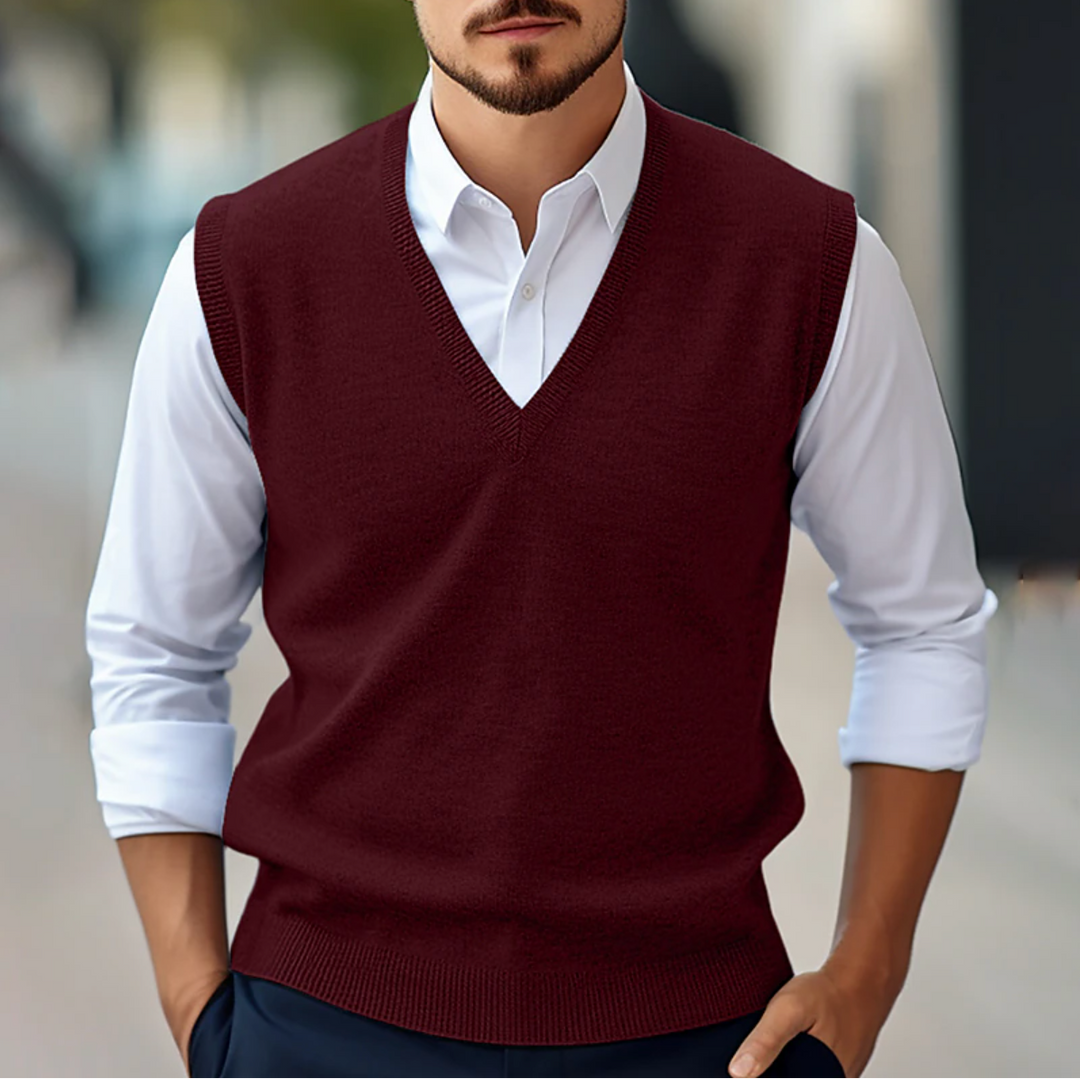 Men's classic V-neck sweater vest for smart casual layering. Knitted sleeveless design, perfect for autumn.