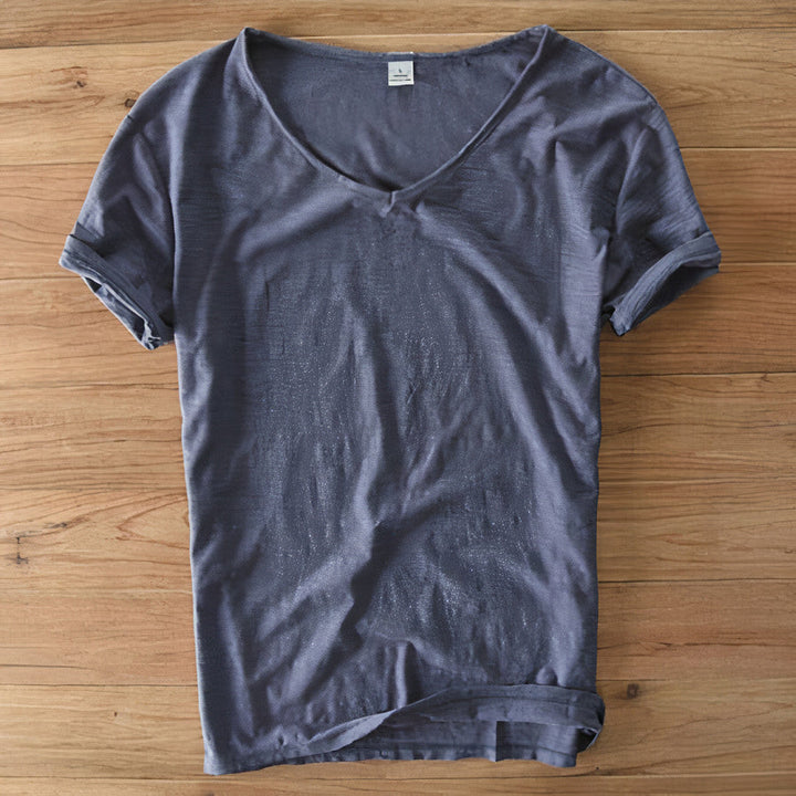 Stylish mens V-neck tee, short sleeve and breathable for warm weather casual wear.