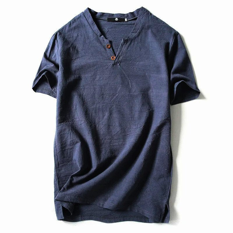 Men's classic V-neck t-shirt in khaki, relaxed fit, perfect for everyday casual wear and comfort.