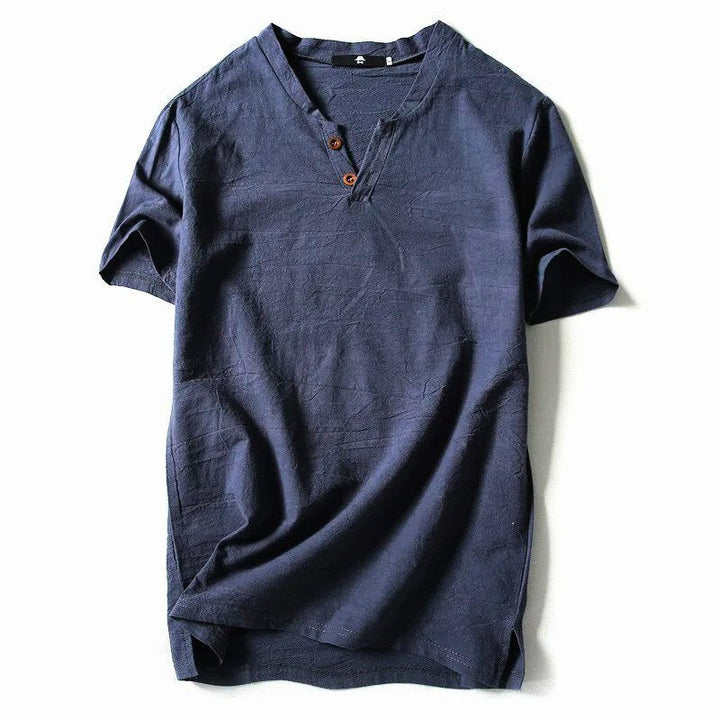 Men's classic V-neck t-shirt in khaki, relaxed fit, perfect for everyday casual wear and comfort.