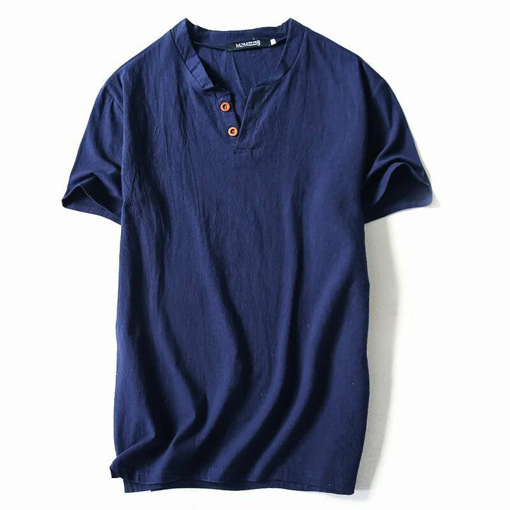 Comfortable blue men's short sleeve V-neck t-shirt, ideal for versatile everyday wear & summer fashion.